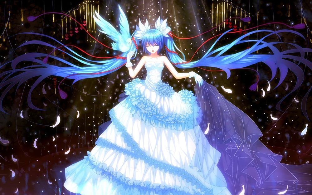 Обои для рабочего стола Vocaloid Hatsune Miku / Вокалоид Хатсуне Мику в свадебном платье с фатой в одной руке, на второй руке сидит голубь