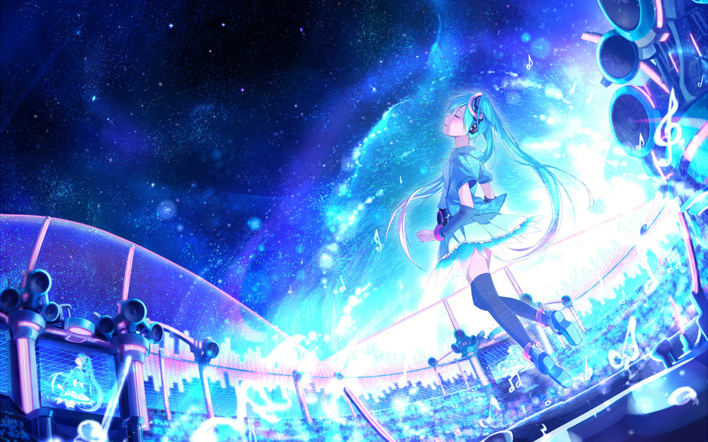 Обои для рабочего стола Vocaloid Hatsune Miku / Вокалоид Хатсуне Мику стоит на сцене, вокруг которой стоят динамики