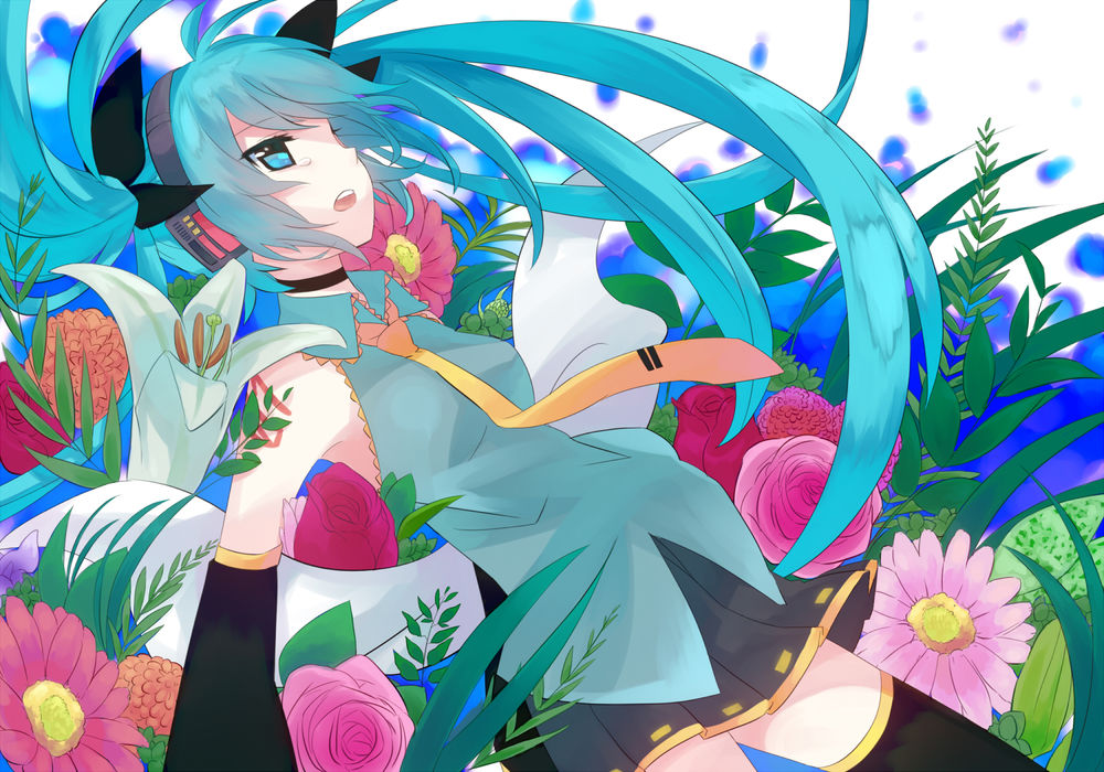 Обои для рабочего стола Vocaloid Miku Hatsune / Вокалоид Мику Хатсуне лежит на цветах