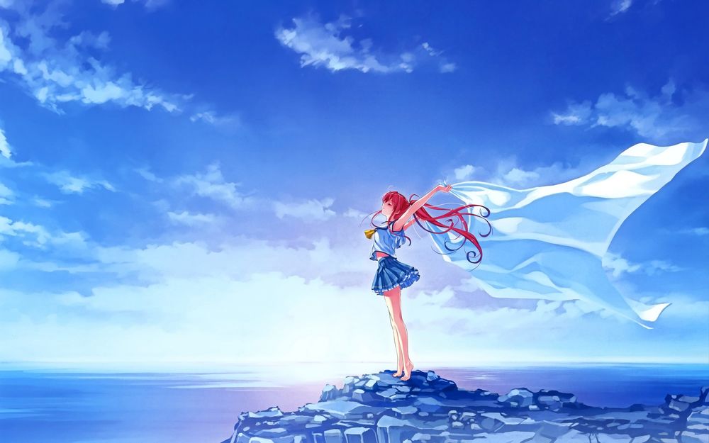 Обои для рабочего стола Девушка в голубом стоит на горе на фоне моря и восходящего солнца