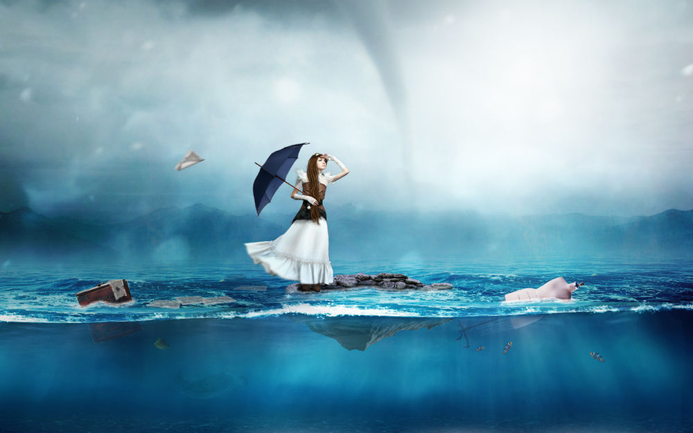 Обои для рабочего стола Девушка, стоящая на кусочке скалы в эпицентре надвигающегося шторма, держит зонтик в руках и смотрит на горизонт в поисках спасателей
