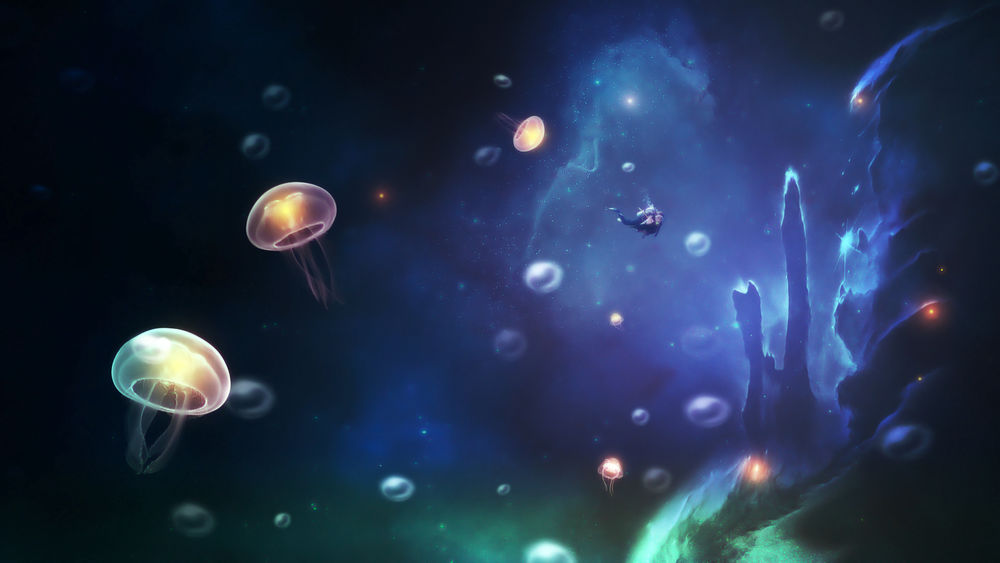 Обои для рабочего стола Аквалангист плавает в окружении медуз