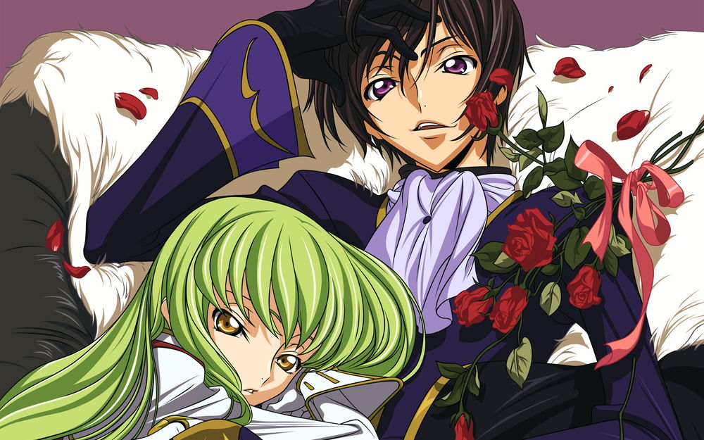 Обои для рабочего стола Лелуш Ламперуж / Lelouch_Lamperouge и С. С. / S. S. из аниме Код Гиас / Code Geass лежат на диване, рядом лежит букет красных роз