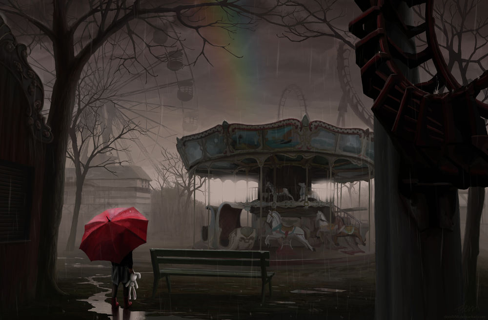 Обои для рабочего стола Девочка с плюшевым кроликом в руке, стоит под красным зонтом в парке атракционов, смотря на пасмурное небо, в котором видна радуга