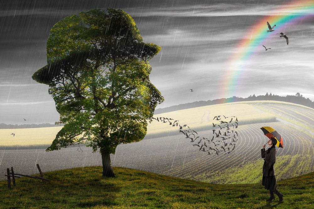 Обои для рабочего стола Девушка с разноцветным зонтом стоит на траве рядом с деревом, листва которого имеет форму человеческой головы в шляпе, изо рта головы вылетают птицы, в небе видна радуга