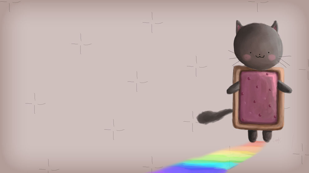 Обои для рабочего стола Черный кот в костюме печенья стоит на радуге