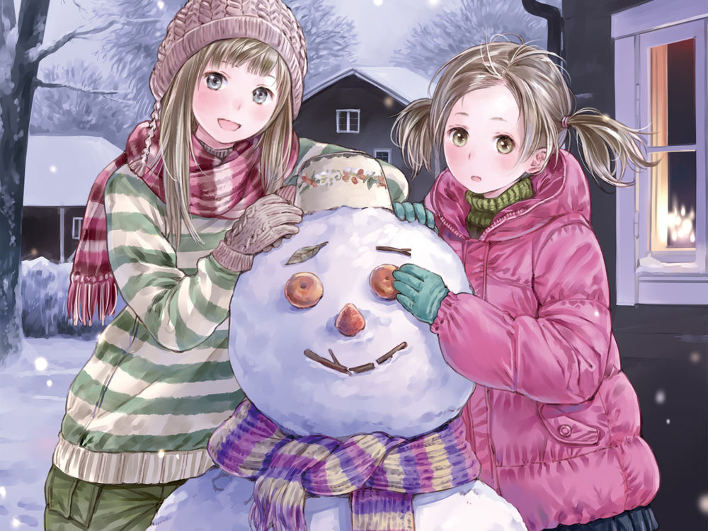Обои для рабочего стола Две девушки стоят рядом со снеговиком, положив руки ему на голову