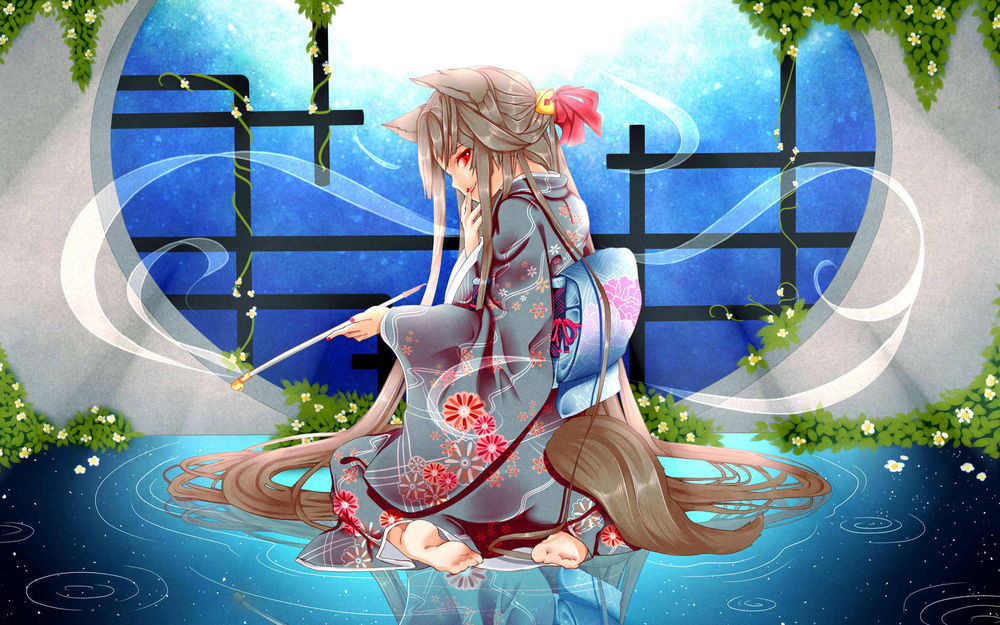 Обои для рабочего стола Девушка-лисичка, одетая в кимоно, с мундштуком, от которого идет дым, в руке стоит на коленях в воде