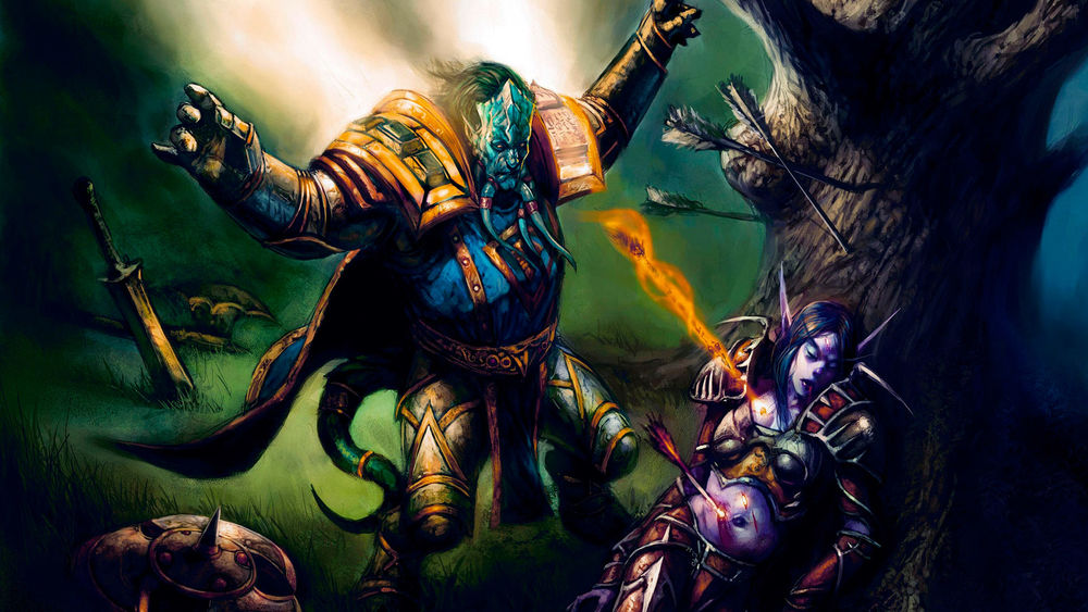 Обои для рабочего стола Дреней и раненая ночная эльфийка / арт к игре World Of Warcraft