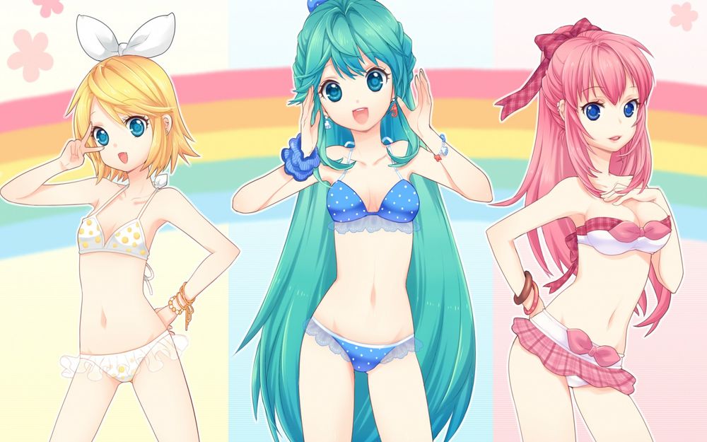 Обои для рабочего стола Воколоиды Hatsune Miku / Хатсуне Мику, Megurine Luka / Мегурине Лука и Kagamine Rin / Кагамине Рин, одетые в купальники стоят на фоне радуги