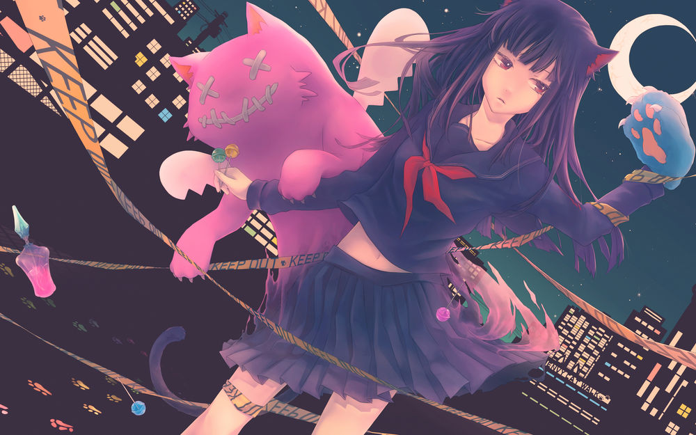 Обои для рабочего стола Неко-девушка в школьной форме с розовым крылатым котом-демоном на фоне ночного города