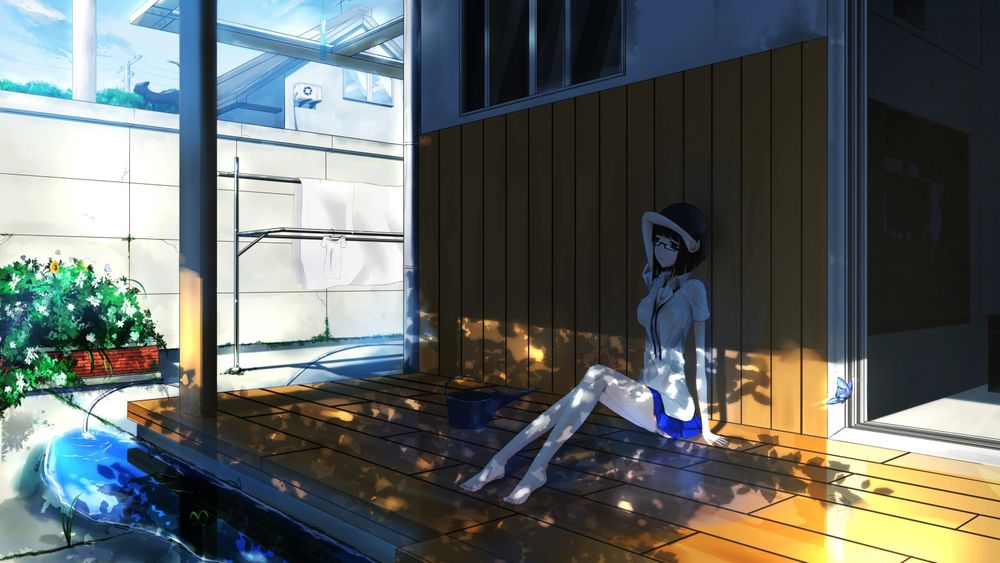 Обои для рабочего стола Девушка в школьной форме устало сидит в тени на фоне домов