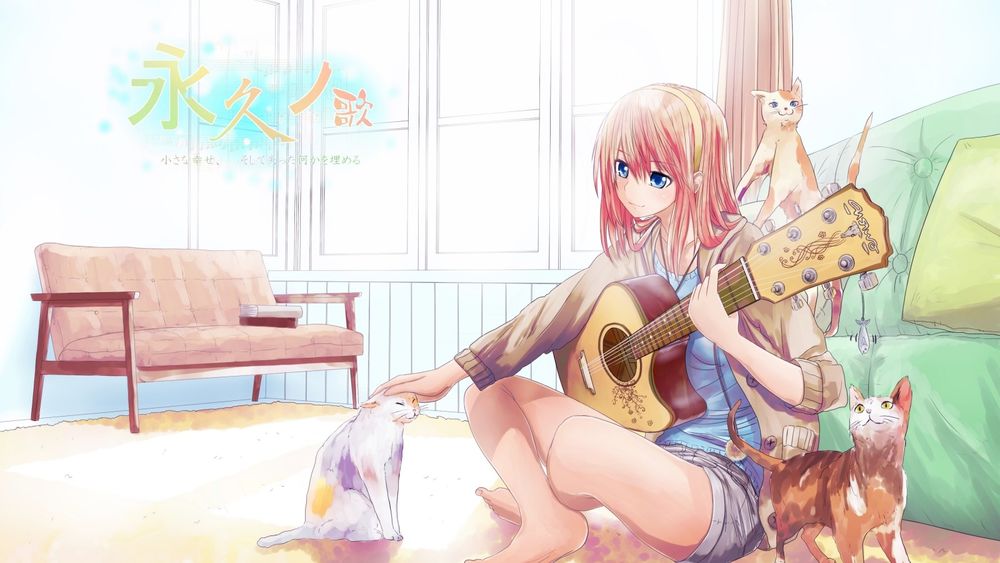 Обои для рабочего стола Vocaloid Megurin Luka, сидя на полу с гитарой, гладит кошку