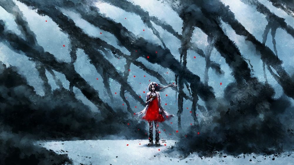 Обои для рабочего стола Девушка в красном платье безразлично читая книгу стоит на фоне темного леса