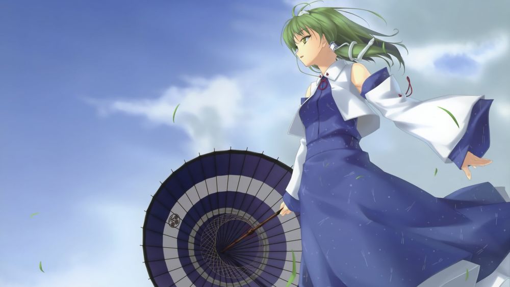 Обои для рабочего стола Санаэ Котия / Sanae Kochiya из серии игр и аниме Тохо / Touhou с зонтом в руке стоит на фоне пасмурного неба
