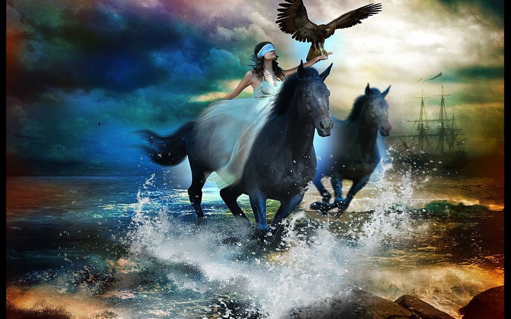 Обои для рабочего стола Девушка с завязанными глазами скачет верхом на двух конях держась рукой за черного ворона