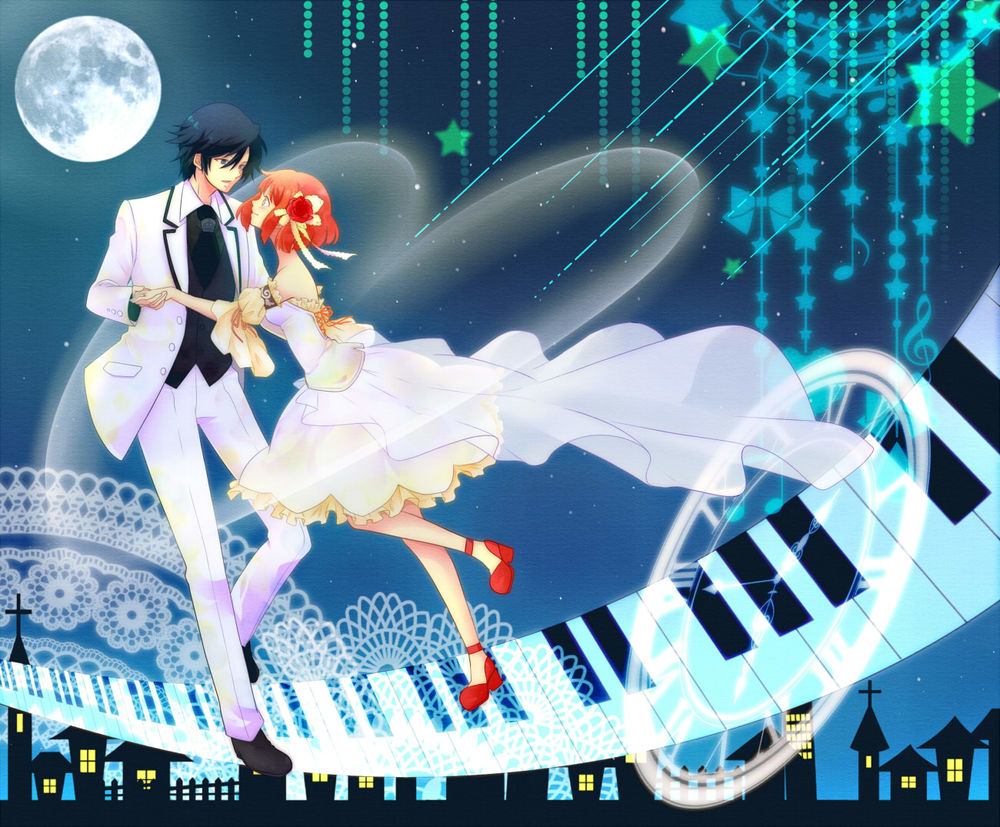 Обои для рабочего стола Токия Ичиносэ / Tokiya Ichinose и Харука Нанами / Haruka Nanami танцуют на фоне полной луны, клавиш фортепьяно, домов, звездочек, большого сердечка и часов