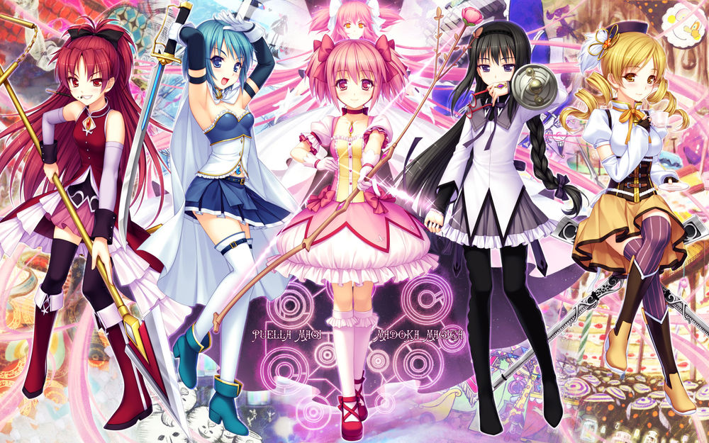 Обои для рабочего стола Саяка Мики / Sayaka Miki, Кеко Сакура / Kyouko Sakura, Мадока Канамэ / Madoka Kaname, Хомура Акэми / Homura Akemi и Мами Томоэ / Mami Tomoe из аниме Девочка-Волшебница Мадока Магика / Mahou Shoujo Madoka Magica