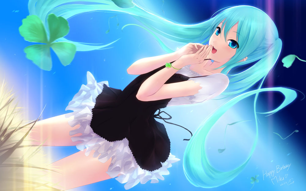 Обои для рабочего стола Vocaloid Hatsune Miku / Вокалоид Хатсунэ Мику на фоне голубого неба (художник Cait)