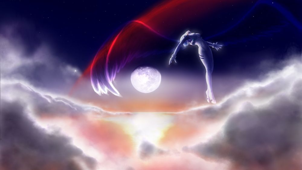 Обои для рабочего стола Девушка с крыльями идущая по облакам на фоне полной луны