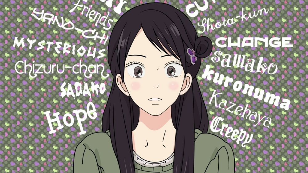 Обои для рабочего стола Куронума Савако / Kuronuma Sawako смущенно смотрит вперед на фоне разных надписей из аниме Дотянуться до тебя / Kimi Ni Todoke