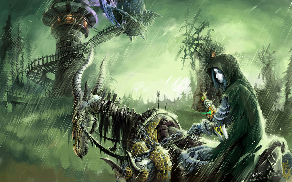Обои для рабочего стола Девушка из фракции Отрекшиеся под дождем в Тирисфальских Лесах / арт к игре World Of Warcraft / художник Rained