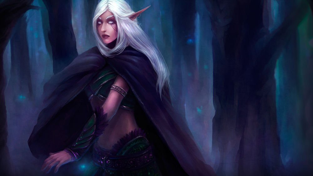 Обои для рабочего стола Ночная эльфийка в темном лесу / арт к игре World Of Warcraft