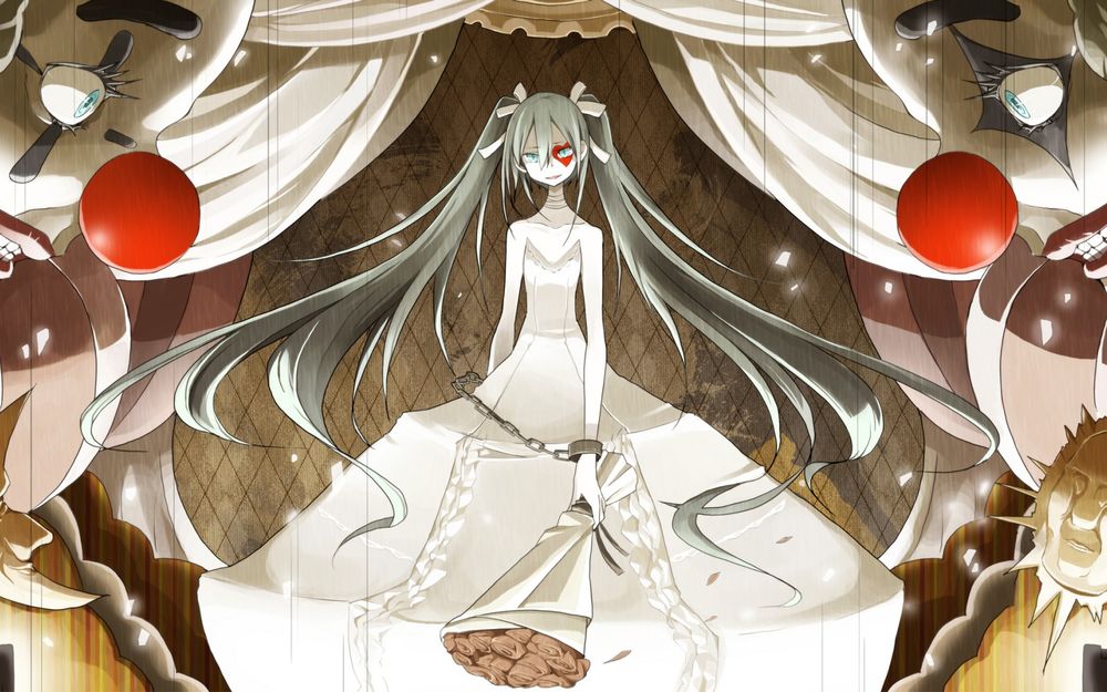 Обои для рабочего стола Vocaloid Hatsune Miku / Вокалоид Хатсуне Мику в белом платье с букетом цветов