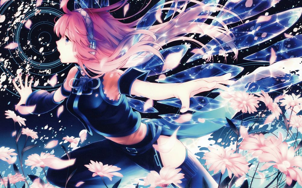 Oboi Vocaloid Megurine Luka Vokaloid Megurine Luka Stoit Sredi Cvetov Raskinuv Ruki V Storony Na Rabochij Stol