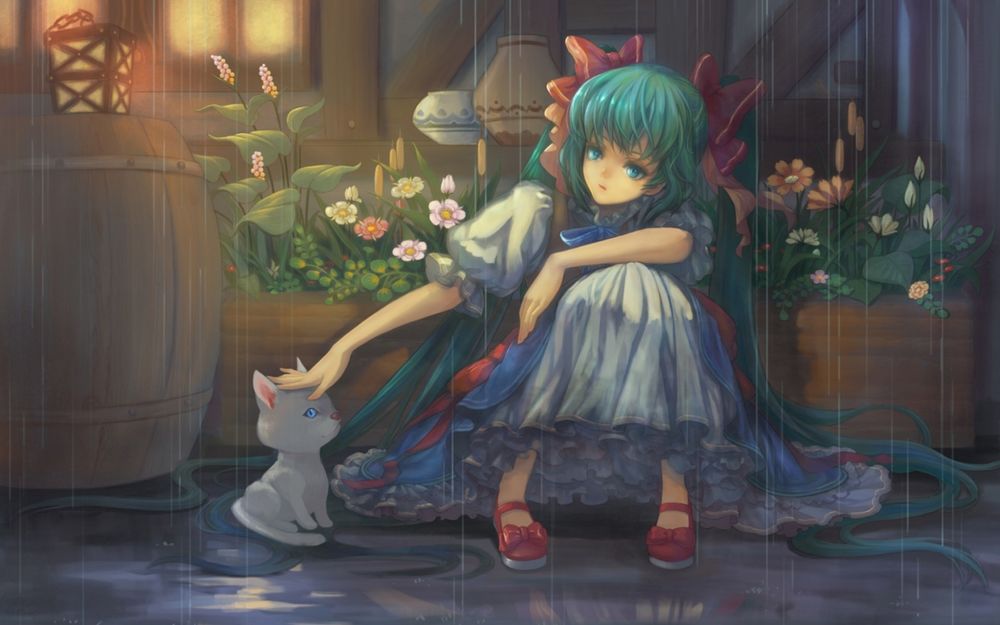 Обои для рабочего стола Vocaloid Hatsune Miku / Вокалоид Хатсуне Мику, сидя под дождем, гладит котенка, сидящего рядом