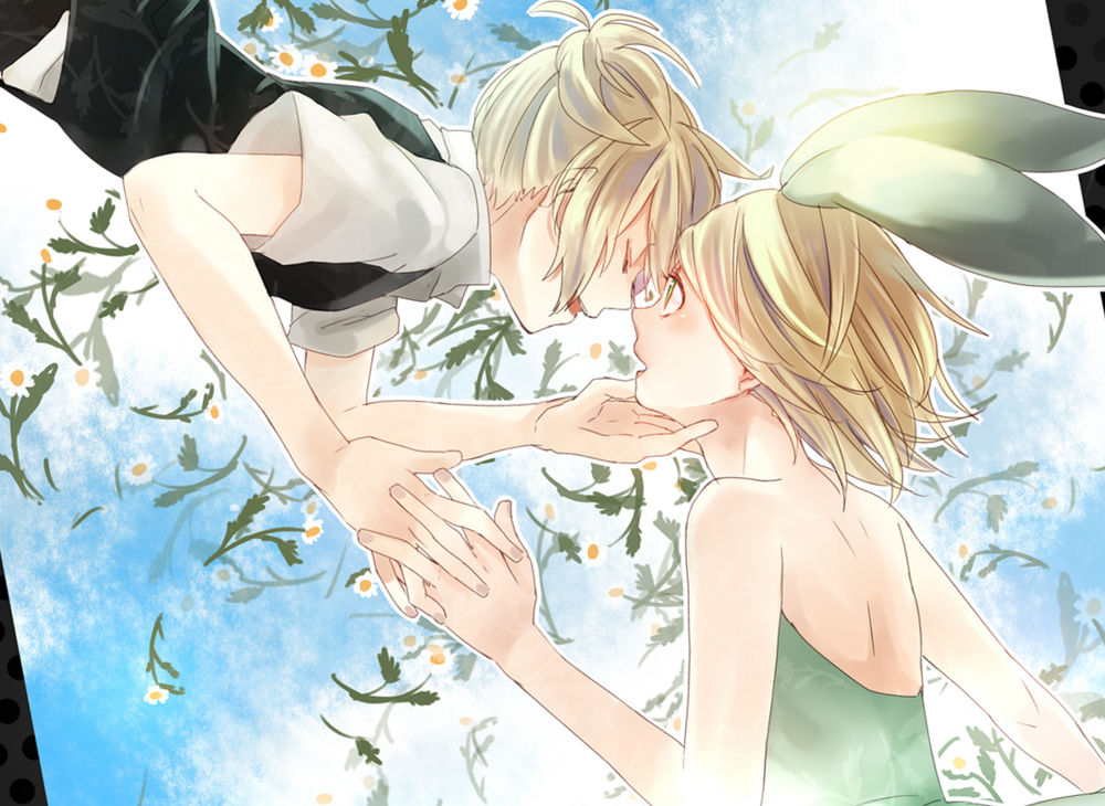Обои для рабочего стола Vocaloid Kagamine Len / Вокалоиды Кагамие Лен и Rin / Рин и летающие ромашки