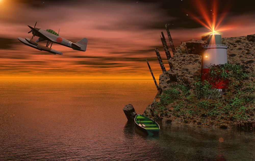 Обои для рабочего стола Маяк, расположенный на скалистом утесе морского побережья в окружении зеленых кустов, ярко светящимся прожектором, у берега стоит деревянная лодка с двумя веслами, в небе взлетевший самолет-амфибия