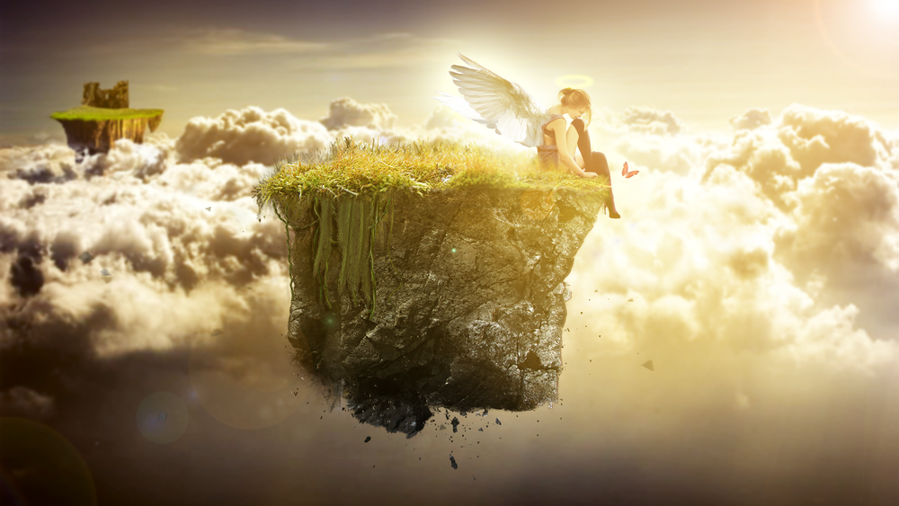 Обои для рабочего стола Девушка-ангел сидит на парящем в воздухе островке посреди облаков