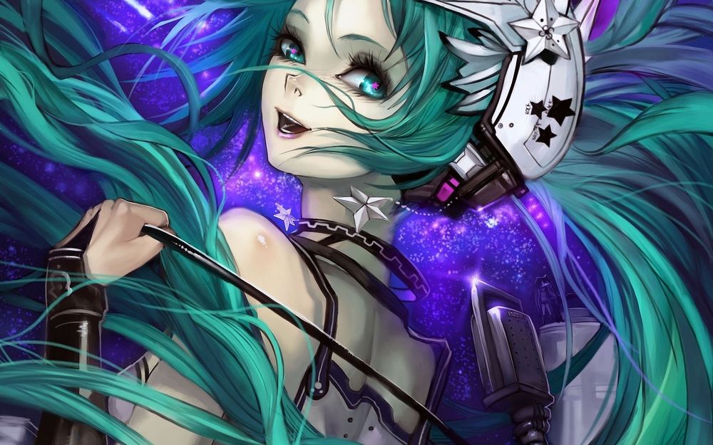 Обои для рабочего стола Vocaloid Hatsune Miku / Вокалоид Хатсуне Мику держит в руке провод от микрофона