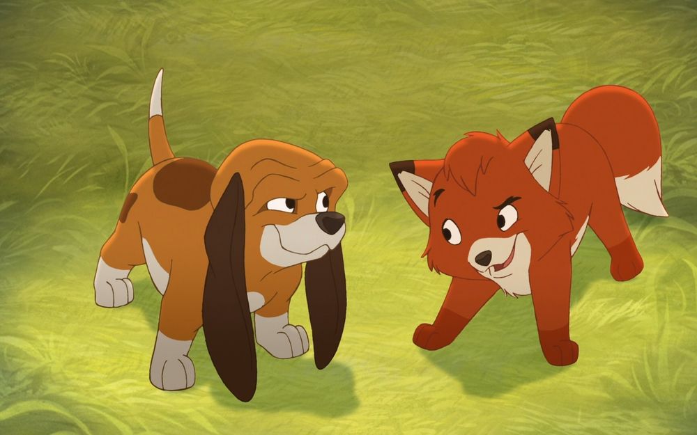 Обои для рабочего стола Щенок и лисенок из мультфильма Лис и пес / The Fox and the Hound