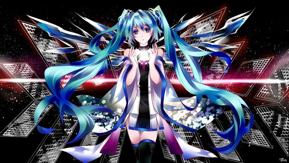 Обои для рабочего стола Vocaloid Hatsune Miku / Вокалоид Хатсуне Мику стоит задумчиво смотря в сторону