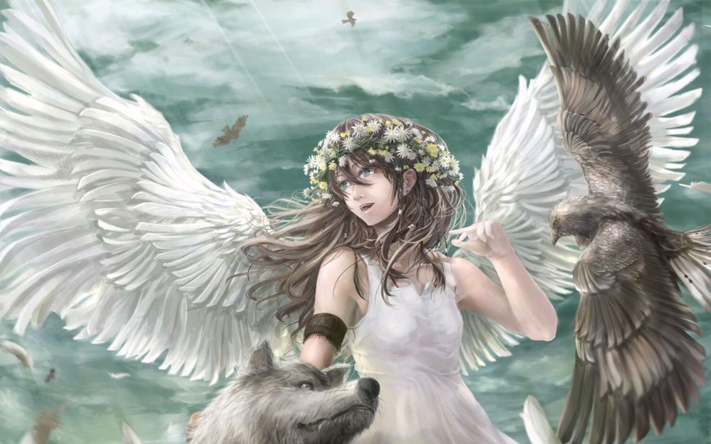 Обои для рабочего стола Девушка ангел с белыми крыльями гладит серого волка, рядом летит птица на фоне бирюзового неба