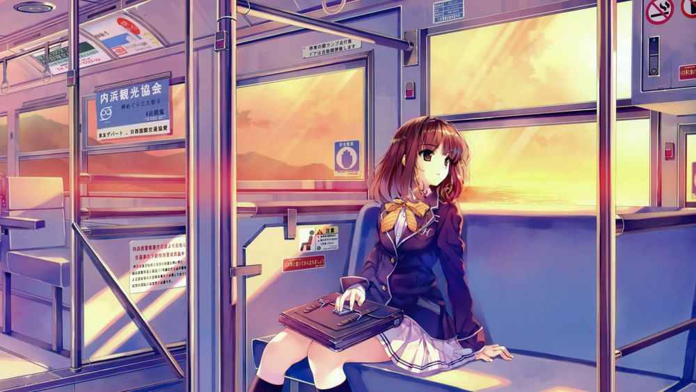 Обои для рабочего стола Девушка в школьной форме сидит одна в автобусе задумчиво смотря в сторону