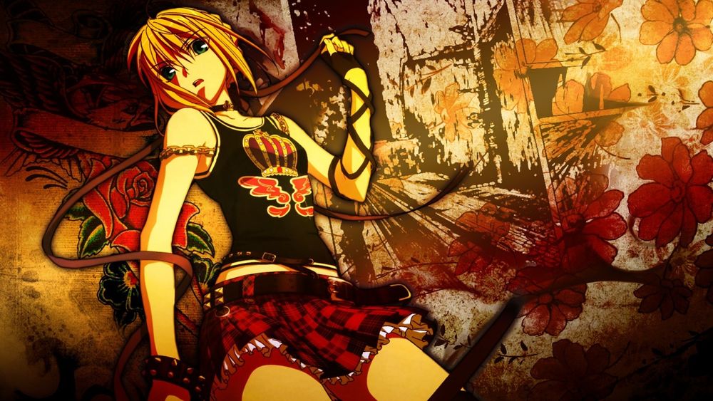 Обои для рабочего стола Сейбер / Saber из аниме и визуальной новеллы Fate / stay night в черном топе и клетчатой юбке стоит у стены с граффити, удивлено смотря в сторону