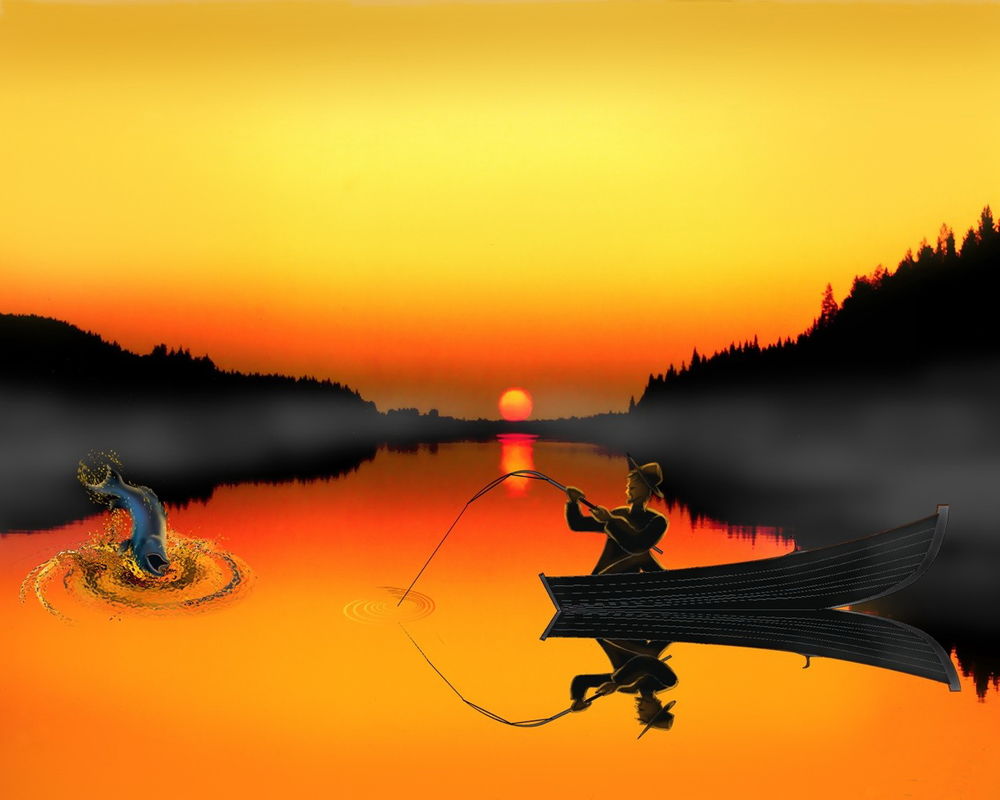 Обои для рабочего стола Рыбак, находящийся в лодке на реке, поймав удочкой крупную рыбу, пытается подвести ее к лодке на фоне утреннего восходящего солнца, густого тумана, покрывшего берега реки