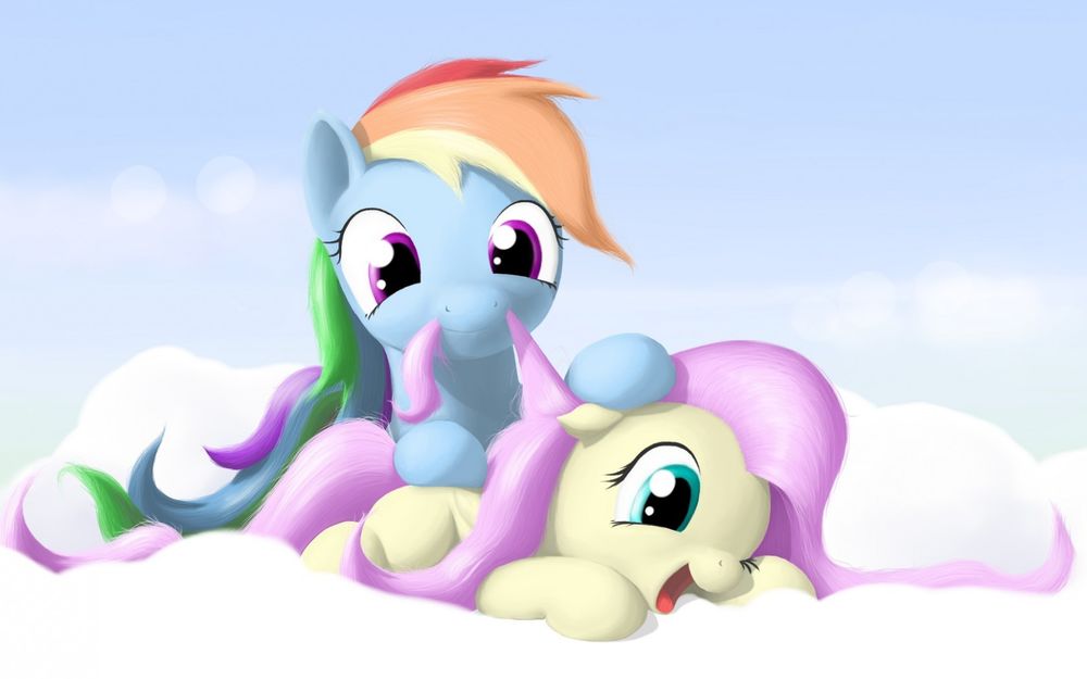Обои для рабочего стола Rainbow Dash & Fluttershy / Рэйнбоу Дэш и Флаттершай из мультсериала Мои маленькие пони: Дружба &; это чудо / My Little Pony: Friendship Is Magic