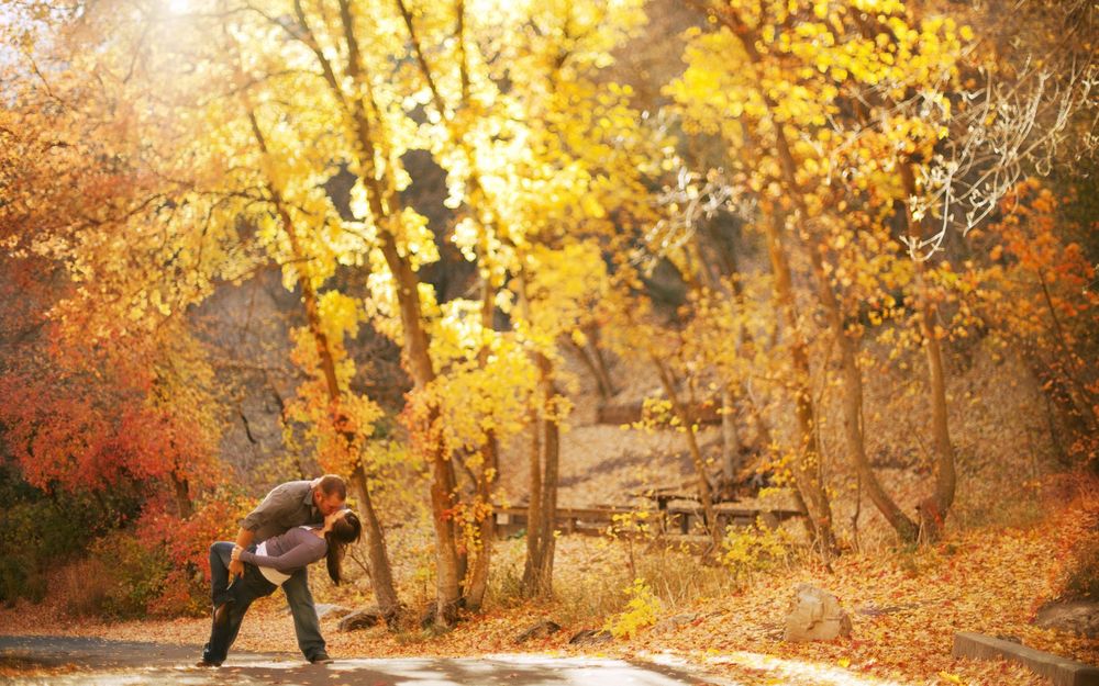 Обои для рабочего стола Парень целует девушку на дороге среди желтых осенних деревьев