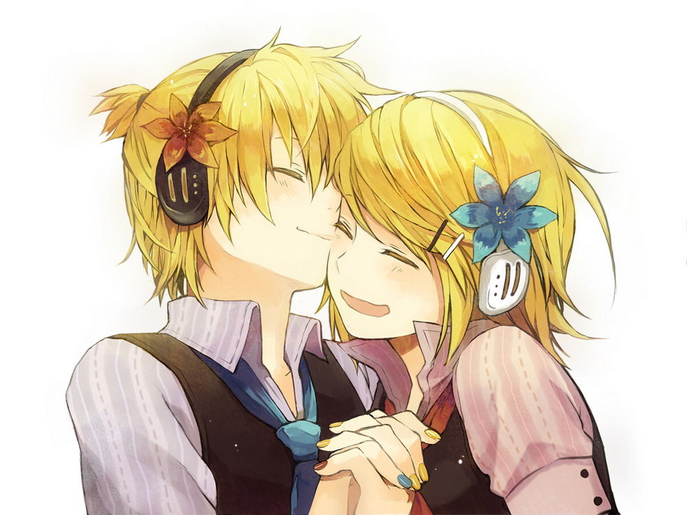 Обои для рабочего стола Вокалоиды Рин и Лен Кагамине / Vocaloid Rin & Len Kagamine смеются, держась за руки