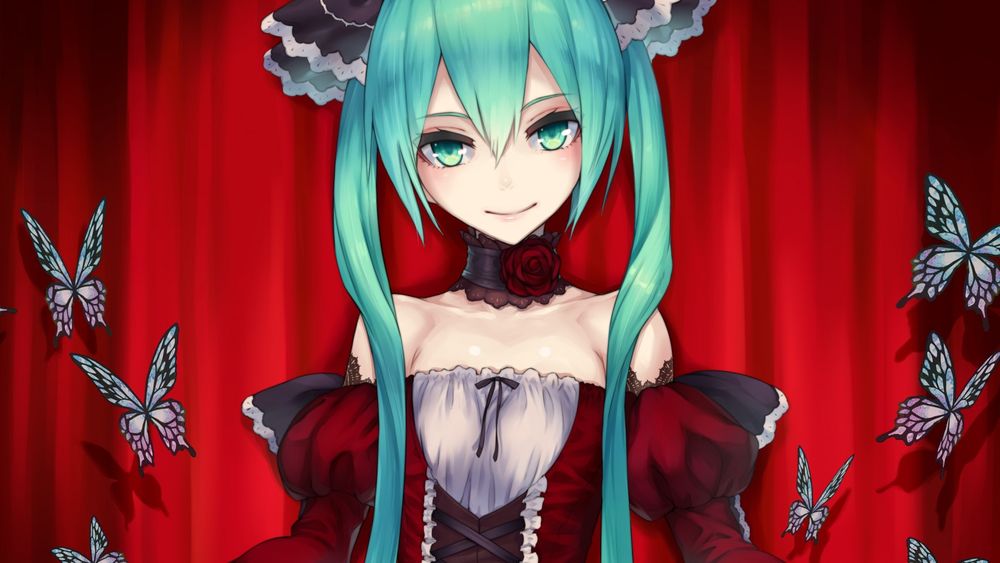 Обои для рабочего стола Vocaloid Hatsune Miku / Вокалоид Хатсуне Мику в платье стоит на красном фоне и летающих бабочек