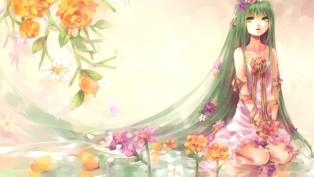 Обои для рабочего стола Vocaloid Hatsune Miku / Вокалоид Хатсуне Мику в платье сидит среди разных цветов