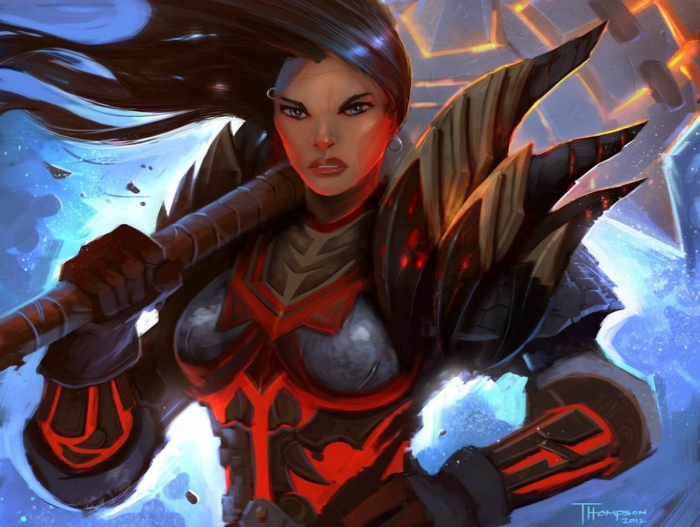 Обои для рабочего стола Девушка воин с оружием в руках / арт к игре World Of Warcraft художник Thompson