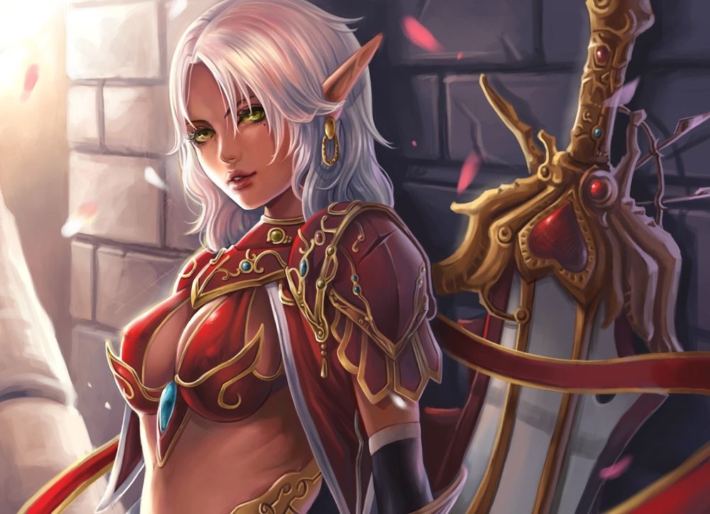 Обои для рабочего стола Белокурая кровавая эльфийка / арт к игре World Of Warcraft