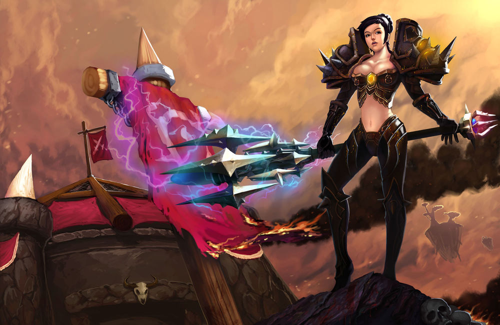Обои для рабочего стола Девушка воин на фоне горящего флага Орды / арт к игре World Of Warcraft