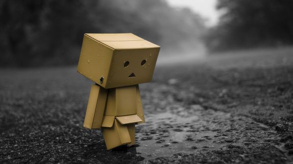 Обои на рабочий стол Картонный человечек Danbo / Данбо стоит на мокром асфальте под дождем