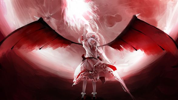 Обои на рабочий стол Ремилия Скарлет / Remilia Scarlet из игры Тохо / Touhou Project / Проект Восток с красными глазами и с крыльями стоит на фоне кровавой луны